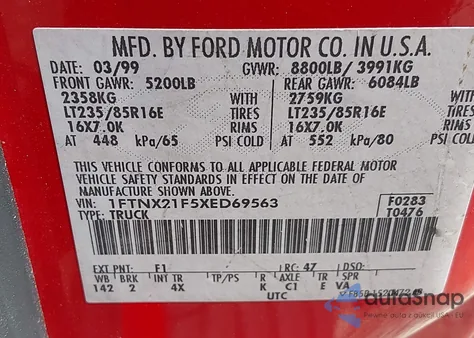 1999 Ford F-250 Lariat/Xl/Xlt from USA, damaged, VIN 1FTNX21F5XED69563